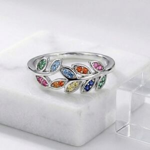 Rainbow Zirconia Leaf Ring Sterling Silver Size 7 Vine Band Nature Cottagecore